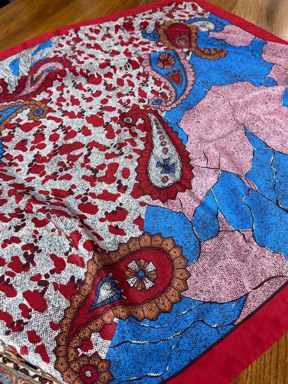 Lanvin Paris 100% Silk Italy Abstract Paisley Print Square Scarf Red Blue 30x29